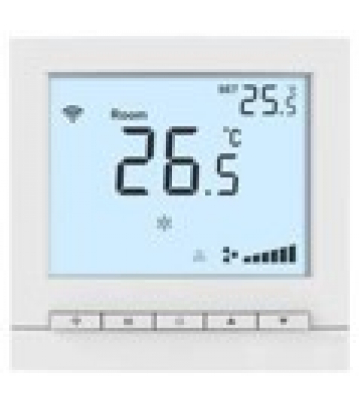 RT302FS3LW (арт.): Термостат комнатный цифровой, H/C/V, для 2тр 3ск FCU, 2-поз/3-поз, ЖК экран с подсв/син бел ~220В BS